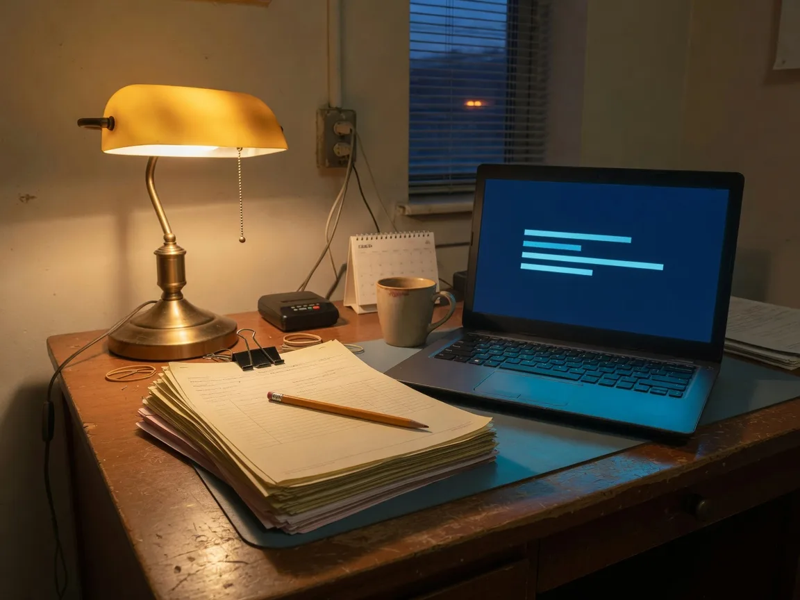 Escritorio de una pyme: pedidos en papel y un tablero en la laptop